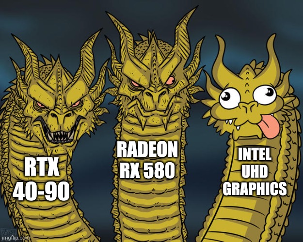 graphics cards | RADEON RX 580; INTEL UHD GRAPHICS; RTX 40-90 | image tagged in three-headed dragon | made w/ Imgflip meme maker