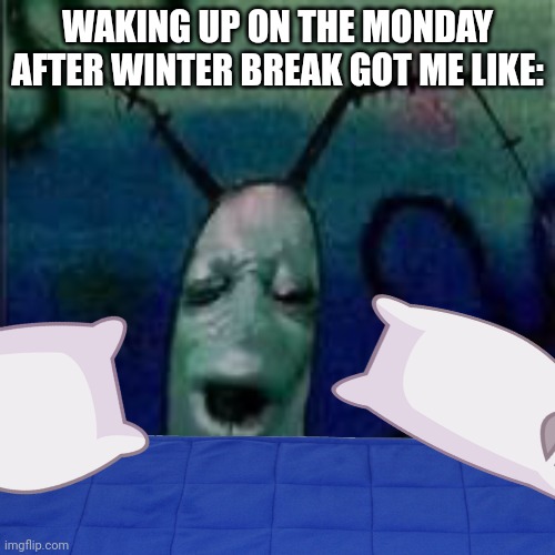 Bro winter break only felt like 5 days. Monday is tomorrow and I want it to be spring break already :( | WAKING UP ON THE MONDAY AFTER WINTER BREAK GOT ME LIKE: | image tagged in plankton gets served,winter break,monday,relatable | made w/ Imgflip meme maker