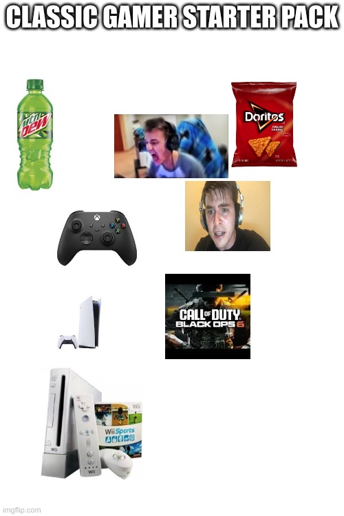 Classic Gamer starter pack | CLASSIC GAMER STARTER PACK | image tagged in gamer,doritos,mountain dew,ninja,sweaty tryhard,call of duty | made w/ Imgflip meme maker