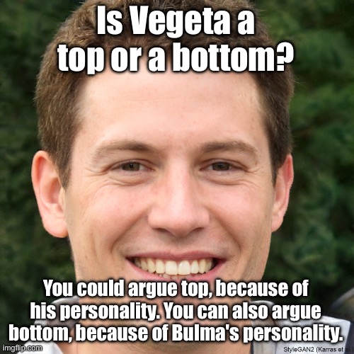 Ronald Anderson | Is Vegeta a top or a bottom? You could argue top, because of his personality. You can also argue bottom, because of Bulma's personality. | image tagged in ronald anderson | made w/ Imgflip meme maker