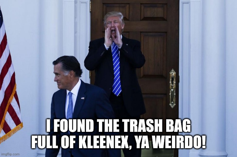 Trump vs. Romney | I FOUND THE TRASH BAG FULL OF KLEENEX, YA WEIRDO! | image tagged in trump vs romney | made w/ Imgflip meme maker