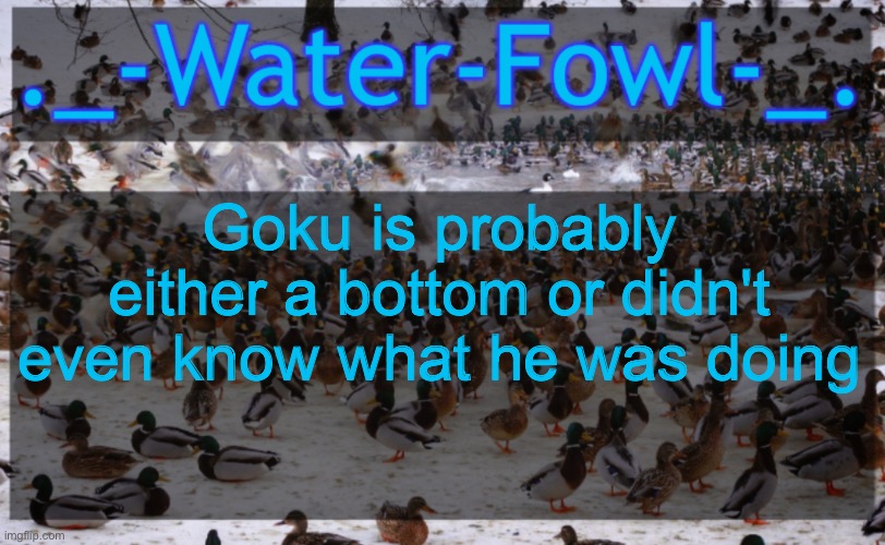 WaterFowl Announcement temp | Goku is probably either a bottom or didn't even know what he was doing | image tagged in waterfowl announcement temp | made w/ Imgflip meme maker