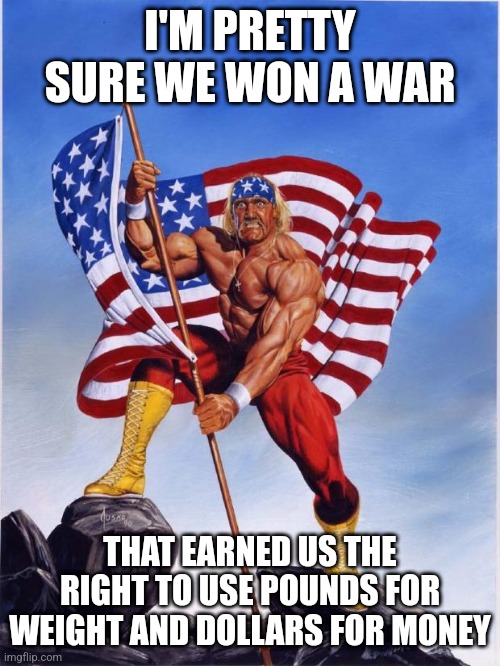 Hulk hogan merica  | I'M PRETTY SURE WE WON A WAR THAT EARNED US THE RIGHT TO USE POUNDS FOR WEIGHT AND DOLLARS FOR MONEY | image tagged in hulk hogan merica | made w/ Imgflip meme maker