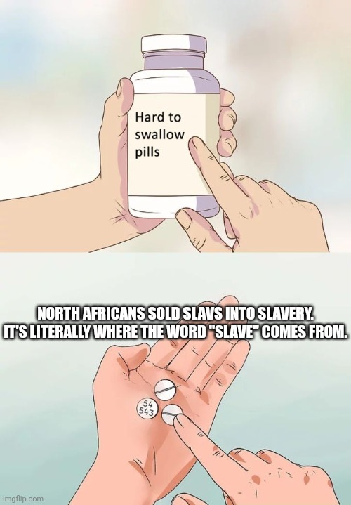 Suddenly, I'm all for reparations. | NORTH AFRICANS SOLD SLAVS INTO SLAVERY. IT'S LITERALLY WHERE THE WORD "SLAVE" COMES FROM. | image tagged in memes,hard to swallow pills | made w/ Imgflip meme maker