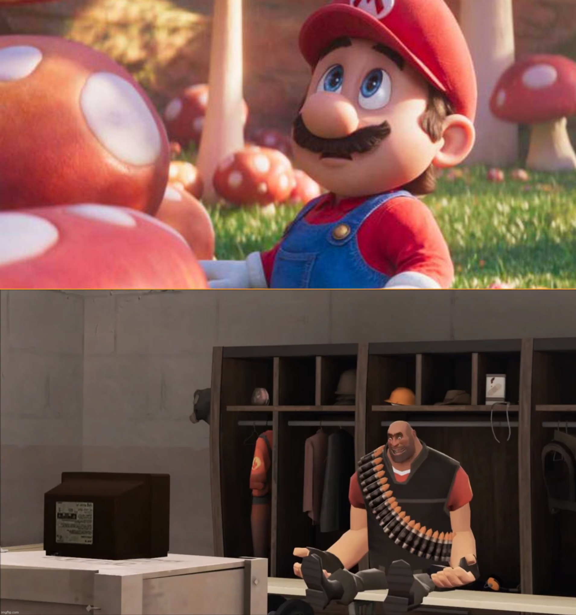 TF2 Heavy watches Super Mario Bros. Movie | image tagged in tf2 heavy watches tv,team fortress 2,mario,fill-in memes suck,get out | made w/ Imgflip meme maker