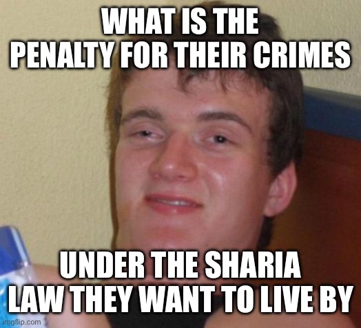 10 Guy Meme | WHAT IS THE PENALTY FOR THEIR CRIMES UNDER THE SHARIA LAW THEY WANT TO LIVE BY | image tagged in memes,10 guy | made w/ Imgflip meme maker