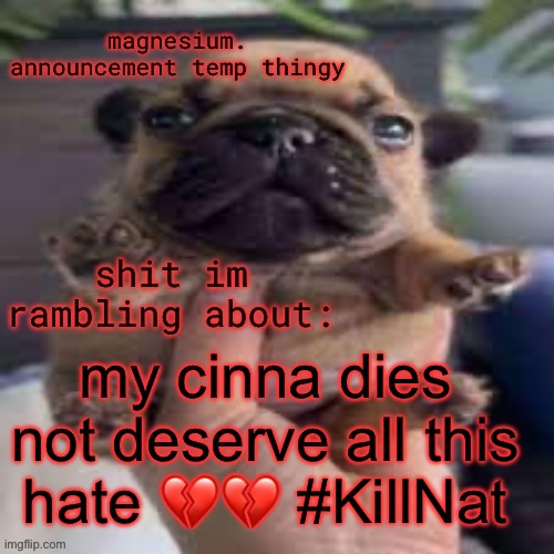 pug temp | my cinna dies not deserve all this hate 💔💔 #KillNat | image tagged in pug temp | made w/ Imgflip meme maker