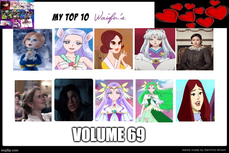 top 10 waifus volume 69 | VOLUME 69 | image tagged in the 10 waifus,69,anime,waifu meme,santa claus,movies | made w/ Imgflip meme maker