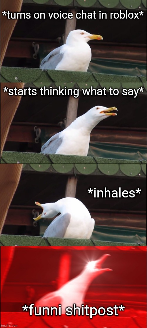 average roblox voice chat thing | *turns on voice chat in roblox*; *starts thinking what to say*; *inhales*; *funni shitpost* | image tagged in memes,inhaling seagull,roblox meme,voice,chat,funni | made w/ Imgflip meme maker