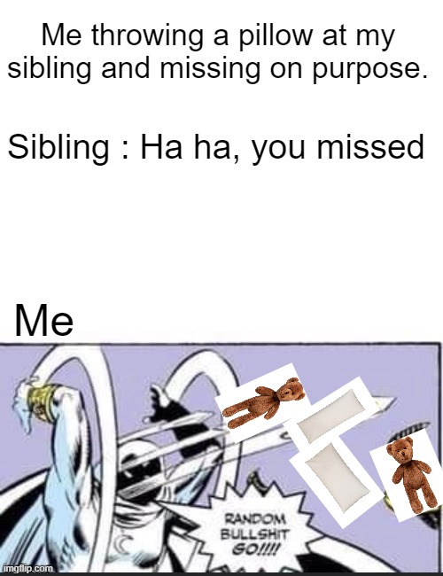 Me throwing a pillow at my sibling and missing on purpose. Sibling : Ha ha, you missed; Me | image tagged in random bullshit go | made w/ Imgflip meme maker