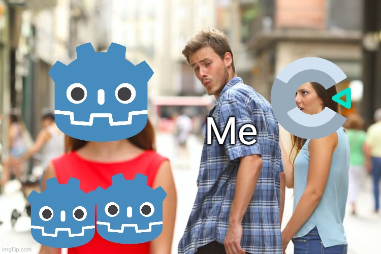 game engine switch | Me | image tagged in memes,distracted boyfriend,godot,construct 3,programming,scripting | made w/ Imgflip meme maker