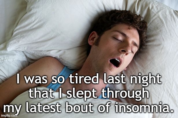 Insomnia be darned! | I was so tired last night
that I slept through my latest bout of insomnia. | image tagged in man sleeping | made w/ Imgflip meme maker