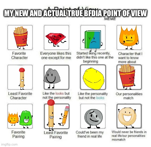 My new bfdia point of view | MY NEW AND ACTUAL TRUE BFDIA POINT OF VIEW | image tagged in a point of view | made w/ Imgflip meme maker