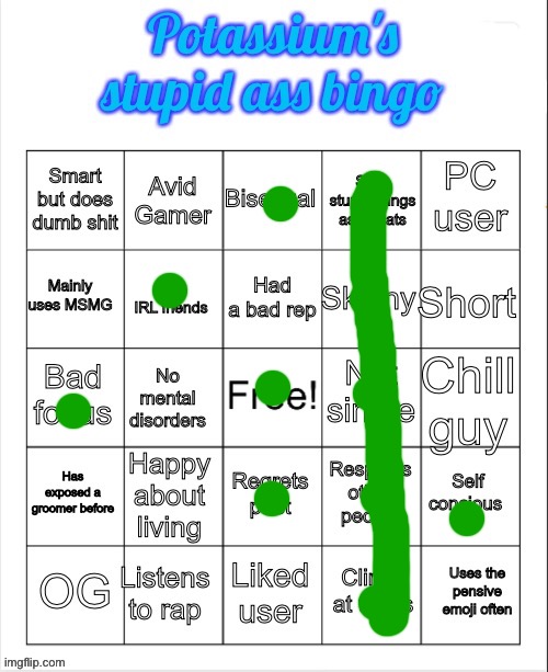 Potassium's stupid ass bingo | image tagged in potassium's stupid ass bingo | made w/ Imgflip meme maker