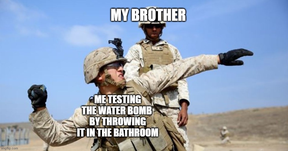 GRENADE OUT!!! | MY BROTHER; ME TESTING THE WATER BOMB 
BY THROWING IT IN THE BATHROOM | image tagged in toss grenade,funny,memes | made w/ Imgflip meme maker