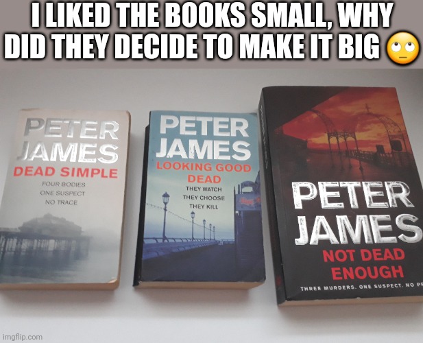 Moved the author name and title to the bottom fsr too | I LIKED THE BOOKS SMALL, WHY DID THEY DECIDE TO MAKE IT BIG 🙄 | made w/ Imgflip meme maker