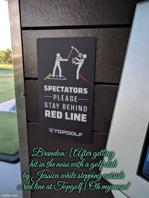 The Topgolf Bloody Nose Incident | Brandon: [After getting hit in the nose with a golf club by Jessica while stepping outside a red line at Topgolf] Oh my nose! | image tagged in blood,nose,golf,texas,girl,sports | made w/ Imgflip meme maker