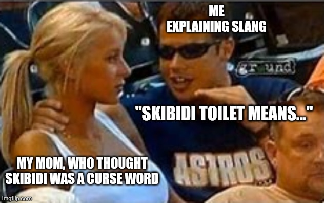 Bro Explaining | ME EXPLAINING SLANG; "SKIBIDI TOILET MEANS..."; MY MOM, WHO THOUGHT SKIBIDI WAS A CURSE WORD | image tagged in bro explaining | made w/ Imgflip meme maker