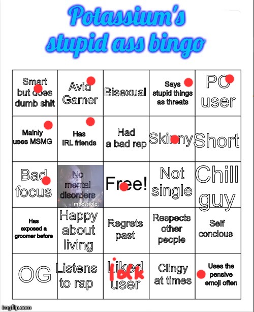 Potassium's stupid ass bingo | image tagged in potassium's stupid ass bingo | made w/ Imgflip meme maker