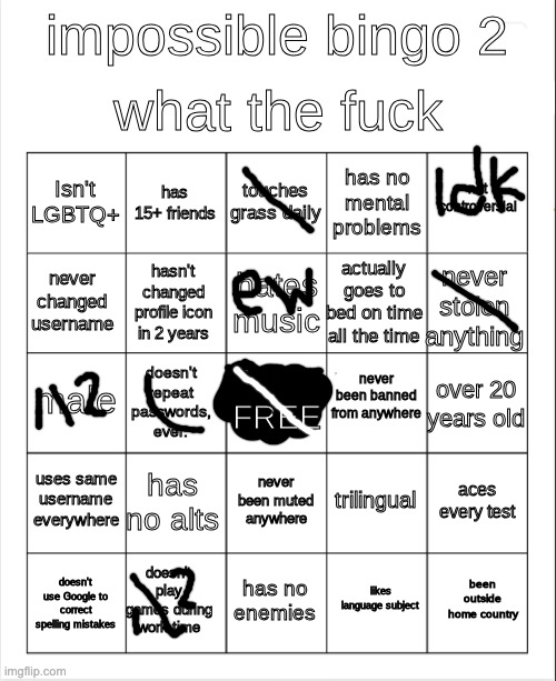 impossible bingo 2 | image tagged in impossible bingo 2 | made w/ Imgflip meme maker