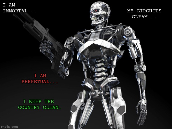 New from iRobot | I AM IMMORTAL... MY CIRCUITS GLEAM... I AM PERPETUAL... I KEEP THE 
COUNTRY CLEAN. | image tagged in terminator | made w/ Imgflip meme maker