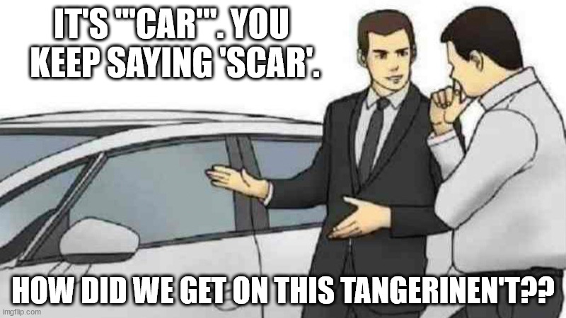 let's call the whole thing off | IT'S '''CAR'''. YOU
 KEEP SAYING 'SCAR'. HOW DID WE GET ON THIS TANGERINEN'T?? | image tagged in memes,car salesman slaps roof of car | made w/ Imgflip meme maker