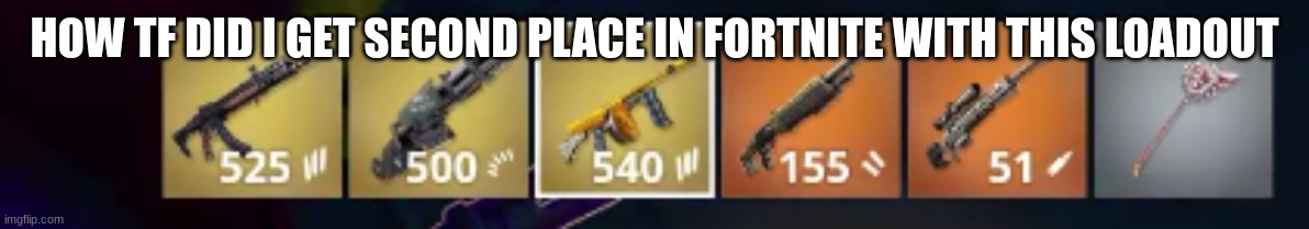 BRUH! | HOW TF DID I GET SECOND PLACE IN FORTNITE WITH THIS LOADOUT | image tagged in funny | made w/ Imgflip meme maker