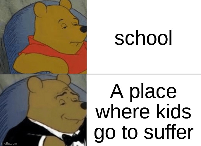 Tuxedo Winnie The Pooh | school; A place where kids go to suffer | image tagged in memes,tuxedo winnie the pooh | made w/ Imgflip meme maker