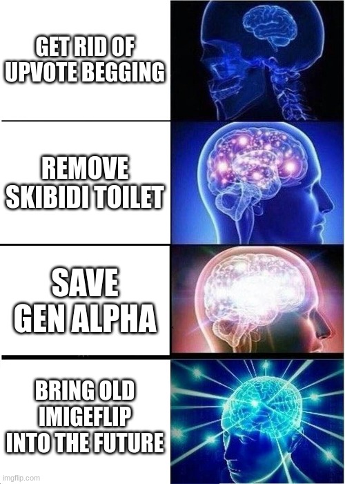 Expanding Brain Meme | GET RID OF UPVOTE BEGGING; REMOVE SKIBIDI TOILET; SAVE GEN ALPHA; BRING OLD IMIGEFLIP INTO THE FUTURE | image tagged in memes,expanding brain | made w/ Imgflip meme maker