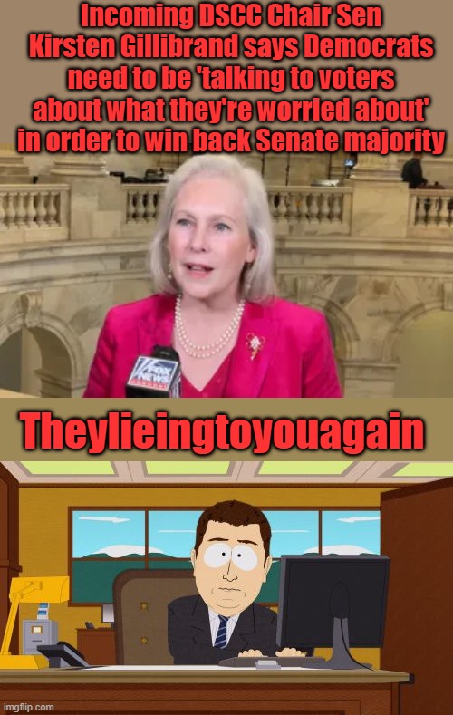 They'll tell you anything to get power, then they'll ignore you. | Incoming DSCC Chair Sen Kirsten Gillibrand says Democrats need to be 'talking to voters about what they're worried about' in order to win back Senate majority; Theylieingtoyouagain | image tagged in memes,aaaaand its gone | made w/ Imgflip meme maker