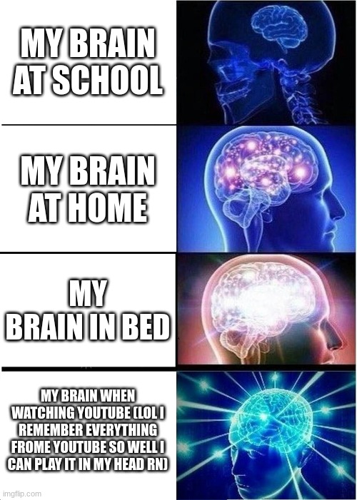 Expanding Brain | MY BRAIN AT SCHOOL; MY BRAIN AT HOME; MY BRAIN IN BED; MY BRAIN WHEN WATCHING YOUTUBE (LOL I REMEMBER EVERYTHING FROME YOUTUBE SO WELL I CAN PLAY IT IN MY HEAD RN) | image tagged in memes,expanding brain | made w/ Imgflip meme maker