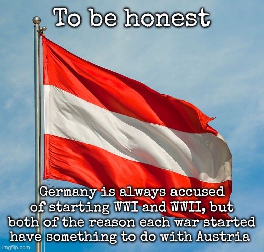 First the assassination of these people and then an Austrian painter | To be honest; Germany is always accused of starting WWI and WWII, but both of the reason each war started have something to do with Austria | image tagged in austrian flag,msmg,austria | made w/ Imgflip meme maker