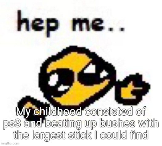 hep me.. | My childhood consisted of ps3 and beating up bushes with the largest stick I could find | image tagged in hep me | made w/ Imgflip meme maker