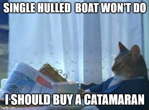 I Should Buy A Boat Cat | SINGLE HULLED  BOAT WON'T DO; I SHOULD BUY A CATAMARAN | image tagged in memes,i should buy a boat cat | made w/ Imgflip meme maker