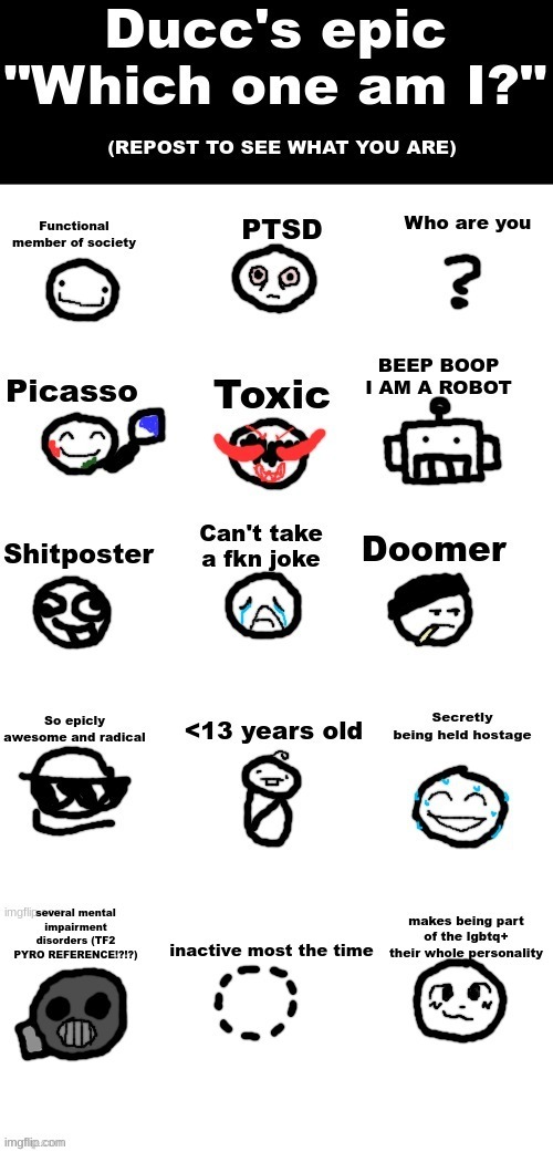 which one am I | image tagged in ducc's epic which one am i updated | made w/ Imgflip meme maker