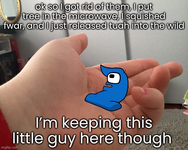 what should I do with him?? | ok so I got rid of them, I put tree in the microwave, I squished fwar, and I just released tuah into the wild; I’m keeping this little guy here though | made w/ Imgflip meme maker