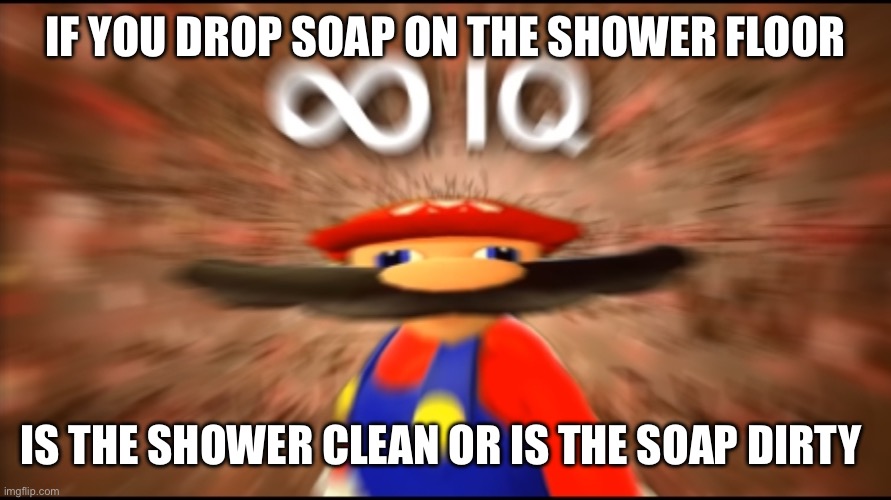 Think about it | IF YOU DROP SOAP ON THE SHOWER FLOOR; IS THE SHOWER CLEAN OR IS THE SOAP DIRTY | image tagged in infinity iq mario,funny memes,mario,infinite iq | made w/ Imgflip meme maker