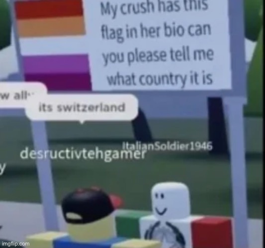 (mod note, the title ruined the joke, you're welcome) | image tagged in flags,dark humor,lesbian,crush,switzerland,roblox | made w/ Imgflip meme maker