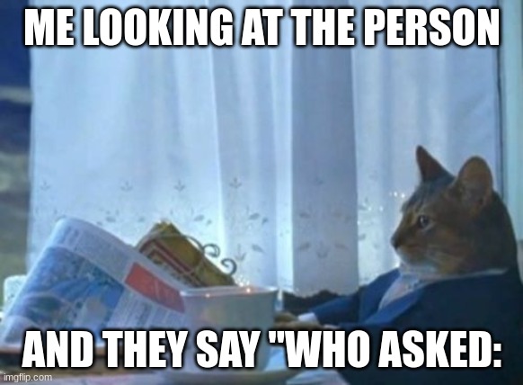I Should Buy A Boat Cat | ME LOOKING AT THE PERSON; AND THEY SAY "WHO ASKED: | image tagged in memes,i should buy a boat cat | made w/ Imgflip meme maker