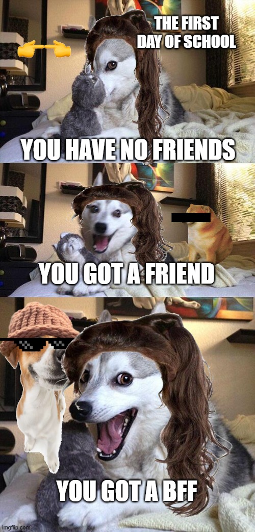 pre.k | THE FIRST DAY OF SCHOOL; YOU HAVE NO FRIENDS; YOU GOT A FRIEND; YOU GOT A BFF | image tagged in memes,bad pun dog | made w/ Imgflip meme maker