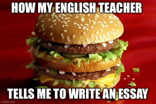 Beg essays | HOW MY ENGLISH TEACHER; TELLS ME TO WRITE AN ESSAY | image tagged in big mac | made w/ Imgflip meme maker