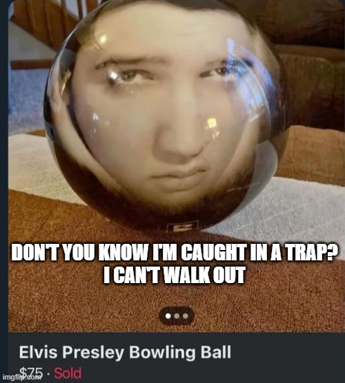 Elvis Bowling | DON'T YOU KNOW I'M CAUGHT IN A TRAP?
I CAN'T WALK OUT | image tagged in elvis presley | made w/ Imgflip meme maker