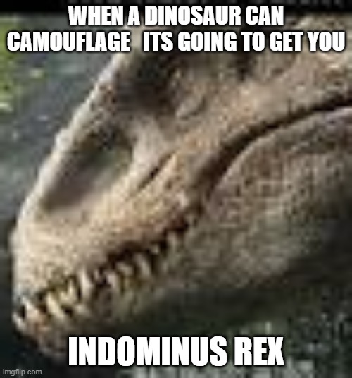 indominus rex | WHEN A DINOSAUR CAN CAMOUFLAGE   ITS GOING TO GET YOU; INDOMINUS REX | image tagged in indominus rex | made w/ Imgflip meme maker