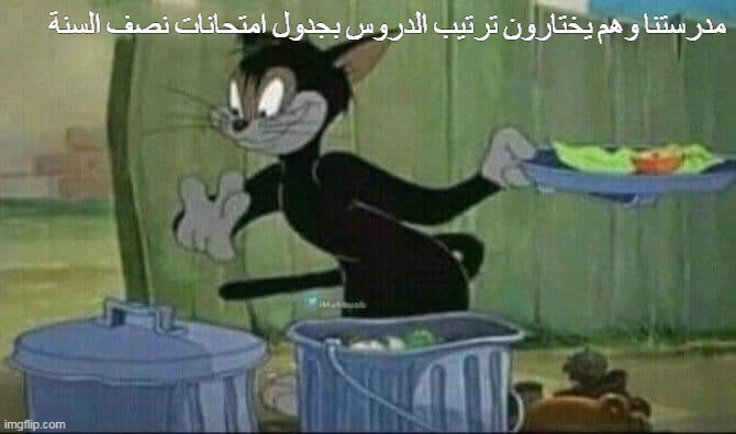 ادارة  المدرسة بي لايك | مدرستنا وهم يختارون ترتيب الدروس بجدول امتحانات نصف السنة | image tagged in memes,garbage cat | made w/ Imgflip meme maker