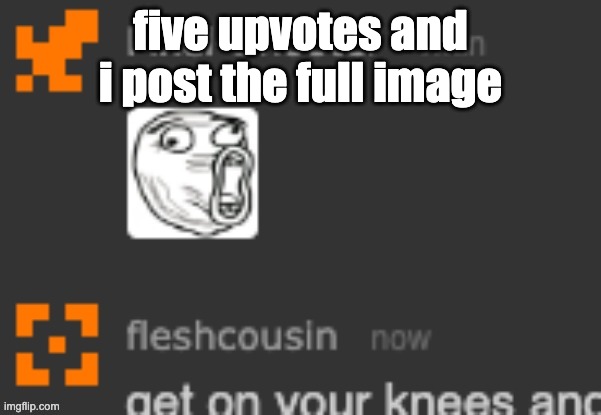 five upvotes and i post the full image | made w/ Imgflip meme maker