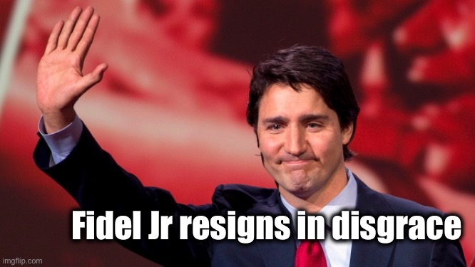 Adios muddafakkah | Fidel Jr resigns in disgrace | image tagged in justin trudeau hand up | made w/ Imgflip meme maker