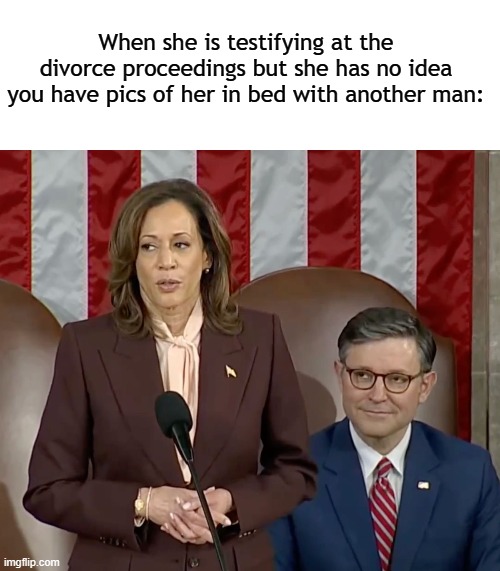 oops | When she is testifying at the divorce proceedings but she has no idea you have pics of her in bed with another man: | image tagged in blank white template,divorce,democrats,republicans,politics | made w/ Imgflip meme maker