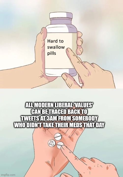 Hard To Swallow Pills | ALL MODERN LIBERAL 'VALUES' CAN BE TRACED BACK TO TWEETS AT 3AM FROM SOMEBODY WHO DIDN'T TAKE THEIR MEDS THAT DAY | image tagged in memes,hard to swallow pills | made w/ Imgflip meme maker