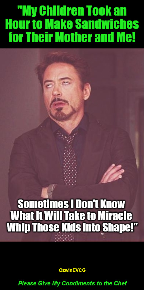 PGMCT | "My Children Took an 

Hour to Make Sandwiches 

for Their Mother and Me! Sometimes I Don't Know 

What It Will Take to Miracle 

Whip Those Kids Into Shape!"; OzwinEVCG; Please Give My Condiments to the Chef | image tagged in face you make,food,family life,annoying robert,make me a sandwich,visible and audible frustration respectively | made w/ Imgflip meme maker