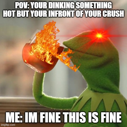 drink thats hot | POV: YOUR DINKING SOMETHING HOT BUT YOUR INFRONT OF YOUR CRUSH; ME: IM FINE THIS IS FINE | image tagged in memes,but that's none of my business,kermit the frog | made w/ Imgflip meme maker